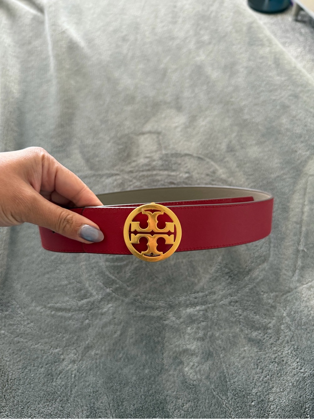 Tory Burch Red Leather Belt with Gold Logo Buckle Reversible